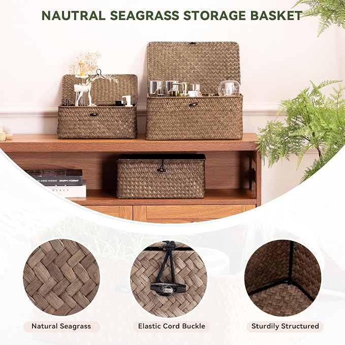 Nonam Small Wicker Basket with Lid, Seagrass Shelf Storage Basket, Coffee | - Image 6