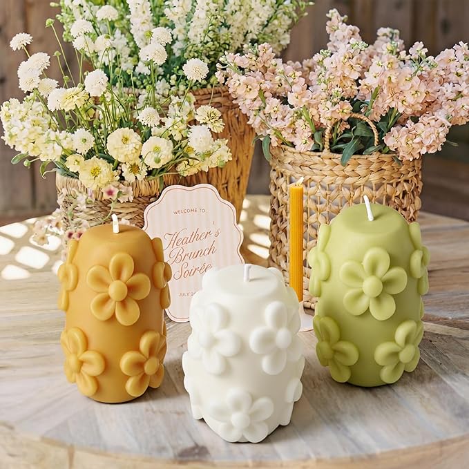 Lyrow 3 Pcs Daisy Pillar Candles 3D Embossed Floral Candle Set 3'' H Easter - Image 4