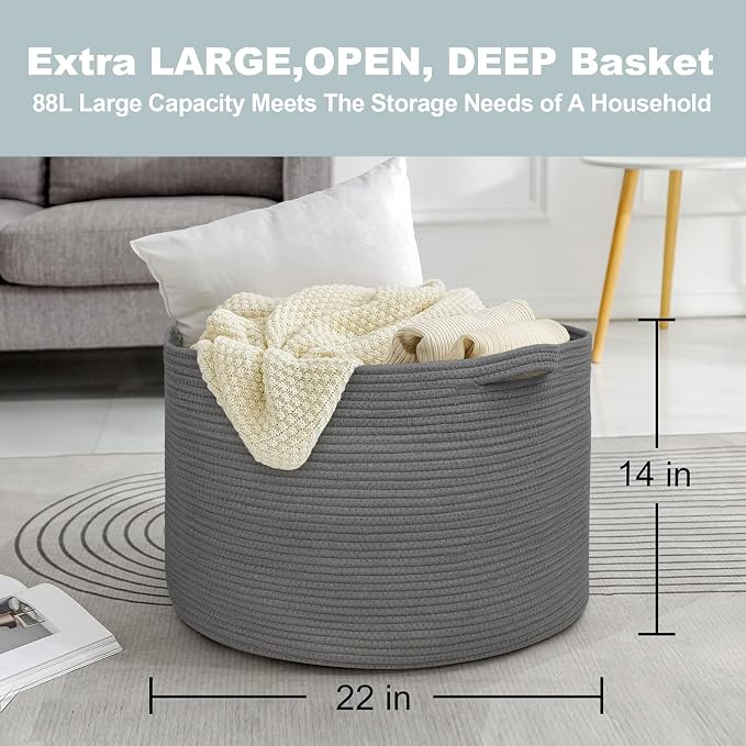 Large Dark Grey Storage Basket, Woven Cotton Rope Baskets - Image 3
