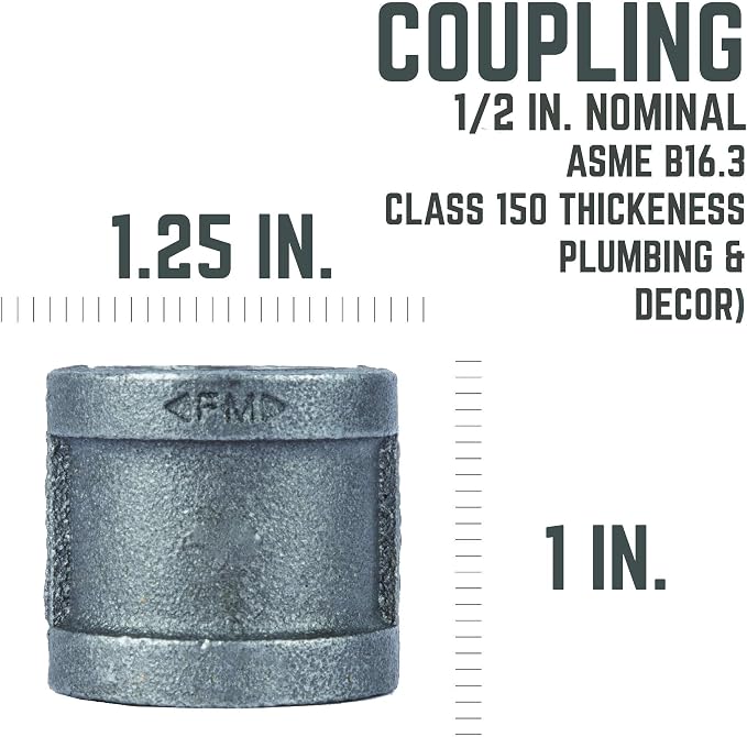 1/2" Coupling Fitting, PIPE DECOR Black Malleable Iron Fittings Fit Standard - Image 2