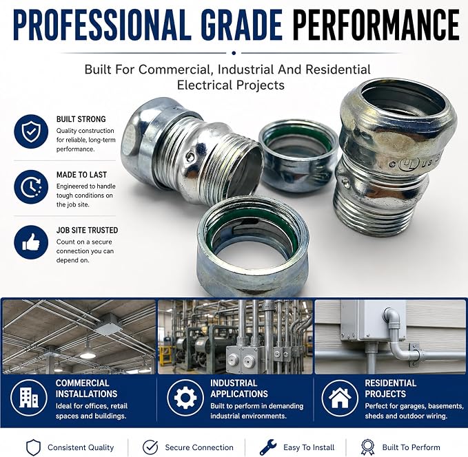 1/2 Inch EMT Compression Coupling Raintight Electrical Conduit Connector Zinc - Image 5