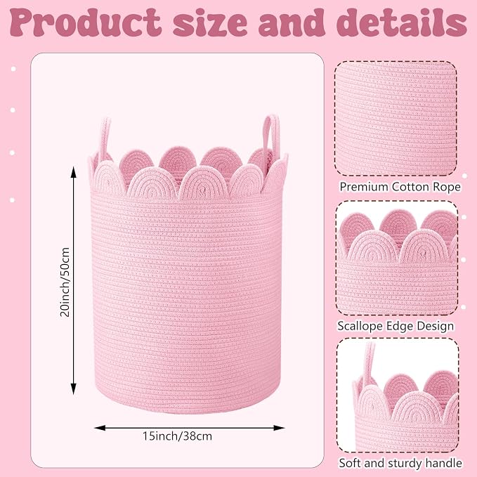 LemonRoad Round Woven Basket Pink, Cotton Rope Scalloped Edge Tassels, Nursery - Image 2