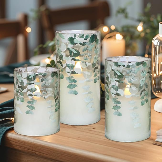 Green Glass Flameless Candles Remote Timer Eucalyptus Leaves Greenery Design - Image 7