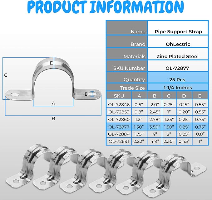 Heavy Duty Pipe Strap Zinc Plated Steel Conduit Clamps, 2 Hole Steel EMT Pipe - Image 2