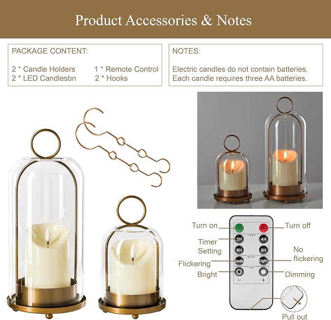 5"&4" Metal Candle Holder with Handmade Glass Dome in Brass & 2 Timer Candles - Image 6
