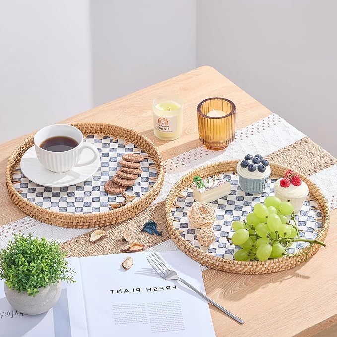 Round Rattan Tray with Mother of Pearl Inlay, Rattan Serving Tray with Wooden - Image 2