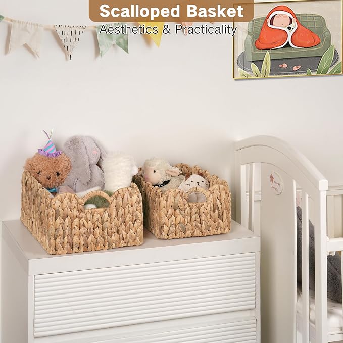 iEGrow Scalloped Wicker Basket, Rectangle Storage Baskets - Image 2