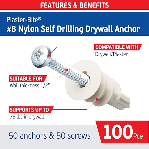 #8 Nylon Self-Drilling Drywall Anchors w/Screws – Premium Nylon 66 Hollow Wall - Image 2