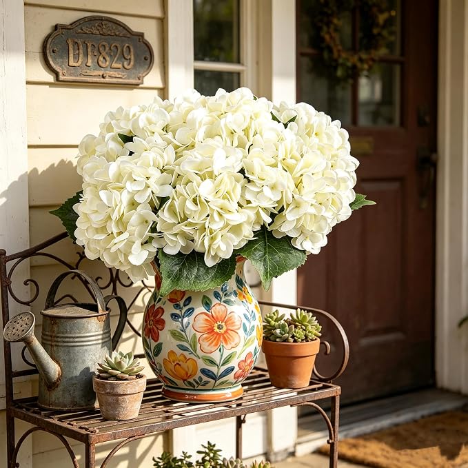 Kimura's Cabin 6Pcs Fake White Hydrangea Artificial Flowers Silk Hydrangeas | - Image 7