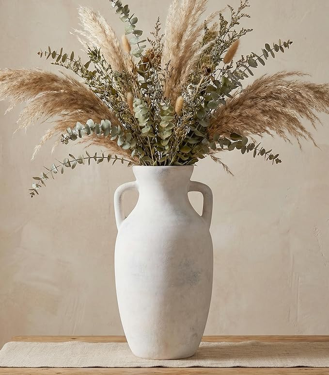 Ceramic Flower Vase with Handles, Neutral Tall Clay Decorative Terracotta Vases by dreamloom
