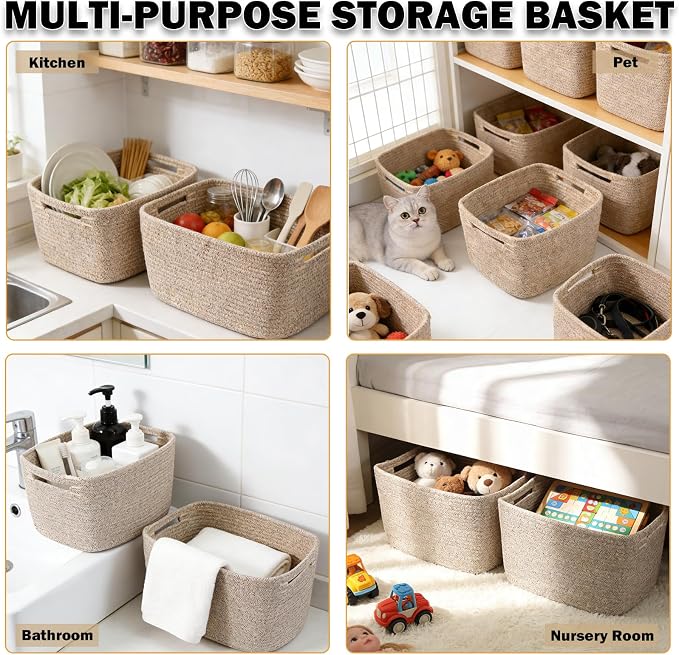 6 Pack Woven Rope Baskets, 12.6"×9"×7.8" Storage Bins, Shelf Baskets Organizer - Image 6