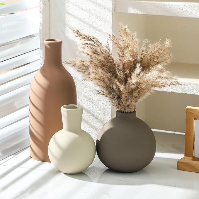 Vase Set of 3 | Ceramic Neutral Vases Home Decor | Rustic Flower Pottery Vases - Image 4