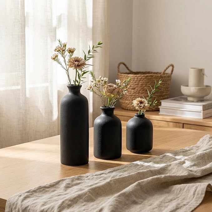 Small Black Ceramic Vase Set of 3, Modern Boho Farmhouse Flowers Vases | - Image 6