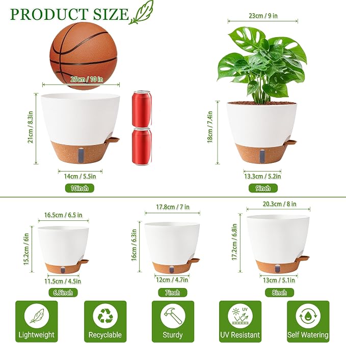 Self Watering Pots for Inoor Ourdoor Plants 10/9/8/7/6.5" Plastic Planters | - Image 3