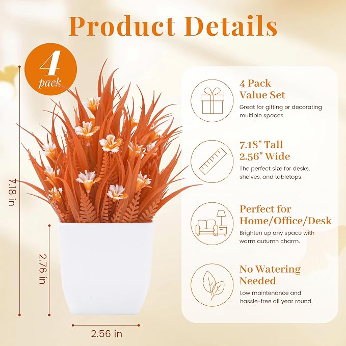 Der Rose 4 Pack Fall Fake Flowers Mums Artificial Plants in Pots Home Decor | - Image 2