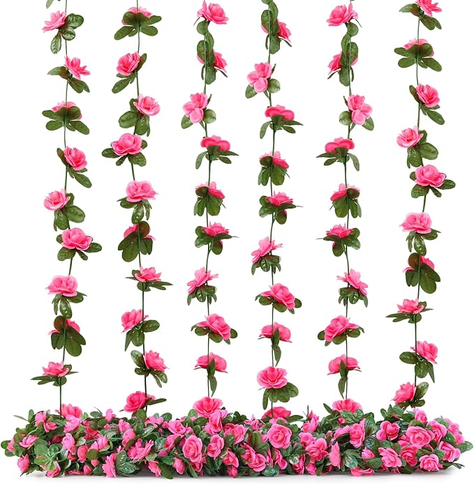 6Pcs x 8.2FT Artificial Flower Garland Rose Vine Decor, Magenta Flower | - Image 8
