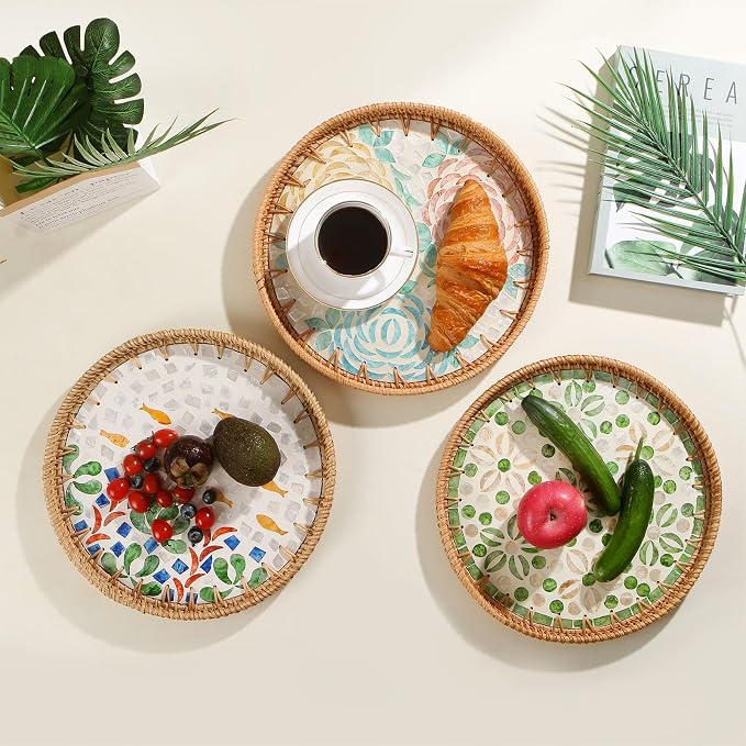 Round Rattan Tray with Mother of Pearl Inlay, Wooden Base | Coffee Table - Image 2