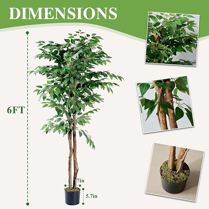 VECELO Ficus Tree Artificial 6 Feet, Tall Faux Tree in Pot, Fake Floor Plant - Image 6