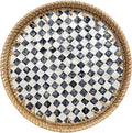 Round Rattan Tray with Mother of Pearl Inlay, Decorative Basket with Wooden Base by Unknown