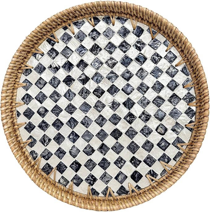 Round Rattan Tray with Mother of Pearl Inlay, Decorative Basket with Wooden Base by Unknown