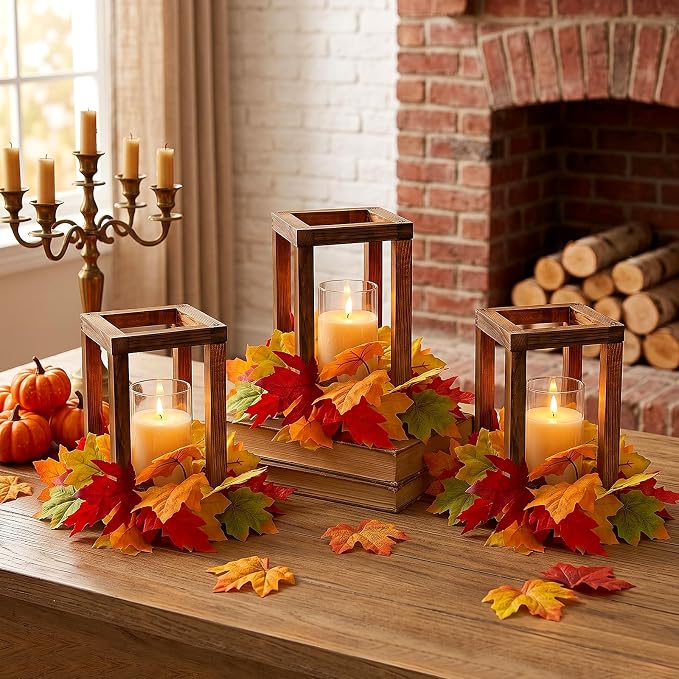 18 Pcs Wooden Lantern Centerpieces, Fall Table Decor | Maple Leaves Candles - Image 6