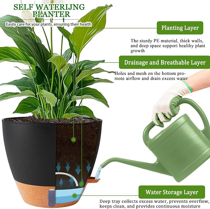 2 Pack 10 inch Plant Pots, Plastic Self Watering Planters | Drainage Holes - Image 3
