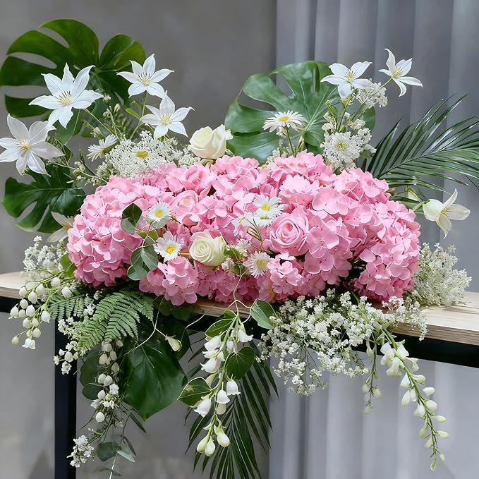 65Pcs Pink Hydrangea Artificial Flowers Bulk，Realistic Silk Fake Flowers - Image 5