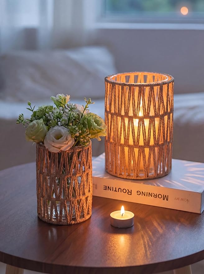 NUPTIO Boho Lanterns, Natural Tone, Glass Cylinder Protection, Coffee Table by Nuptio