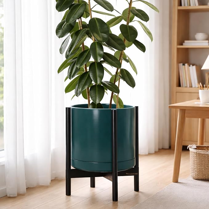 D'vine Dev Ceramic Pot with Ebony Wood Stand, 14 in, 55-B-S-4 | Mid-Century - Image 6