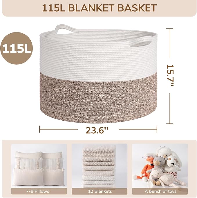 INDRESSME 115L Extra Large Woven Rope Blanket Basket Living Room, bedroom or - Image 2