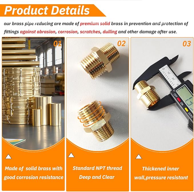 2pcs 1/2" NPT x 3/8" NPT Brass Nipple, 1/2 to 3/8 Adapter Fitting Reducing - Image 3