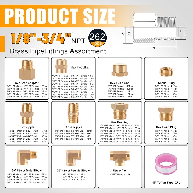 262PCS Brass Pipe Fittings Kit, 1/8" 1/4" 3/8" 1/2" 3/4" NPT | 156 + 106Pcs - Image 2