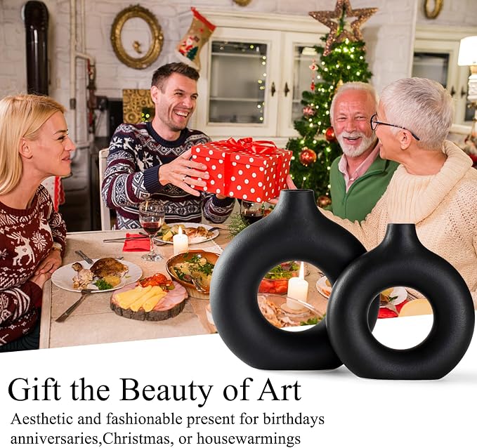 Black Ceramic Donut Vase Set of 2, Hollow Round Matte Pampas Flower Vases - Image 9