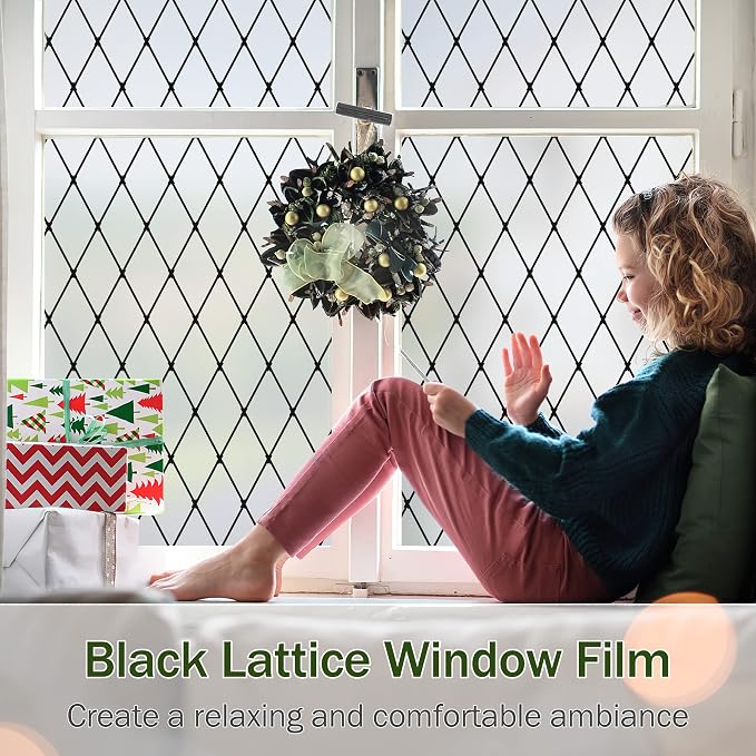 Frosted Black Lattice Window Film Static Cling Window Privacy Films Decorative - Image 2
