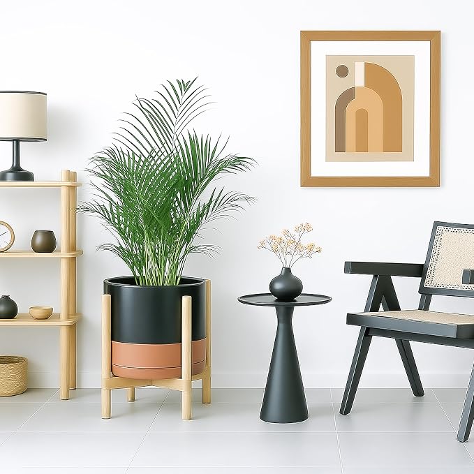 D'vine Dev Ceramic Pot with Natural Wood Stand, 12 in, 55-B-J-7 | Mid-Century - Image 7