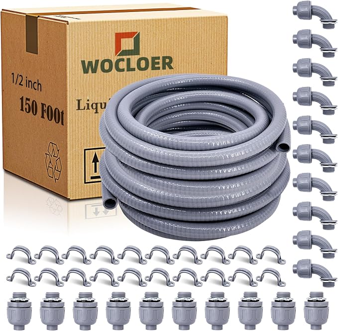 1/2 inch 150 Foot Liquid-Tight Conduit and Connector Kit, Flexible Non Metallic by Wocloer