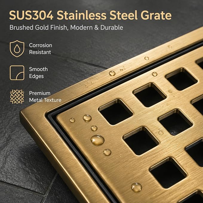 4" Brushed Gold Shower Drain, Square Shower Floor Drain - Image 5