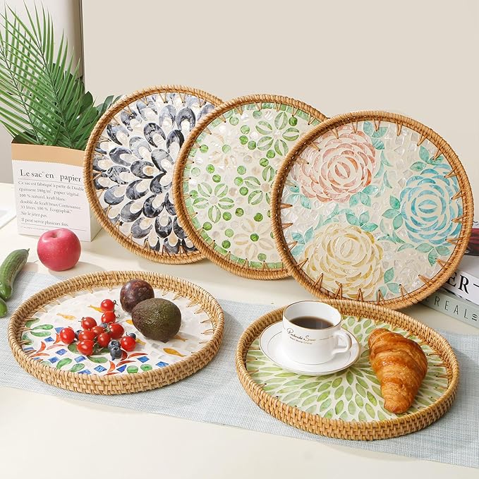 Round Rattan Tray with Mother of Pearl Inlay, Wooden Base | Coffee Table - Image 6