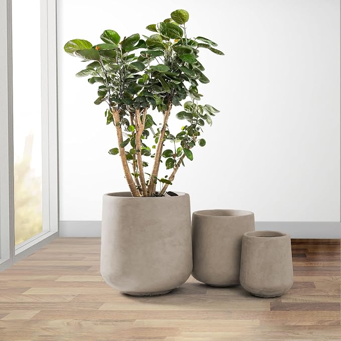Kante Set of 3 Weathered Concrete Curved Planters 16.5" 13" 9.4" Dia | Drainage - Image 7