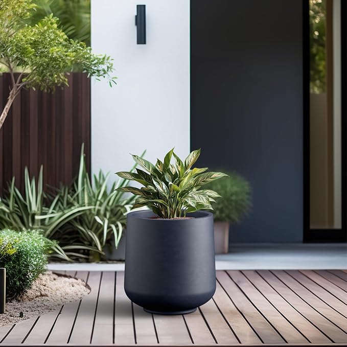 Kante Charcoal Concrete Planter 16.5" Dia All-Weather Round Large Pot | - Image 4