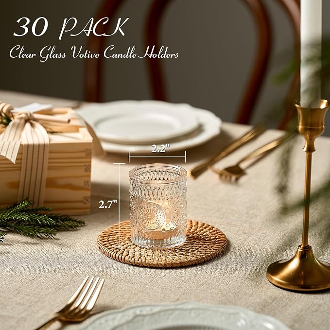 30 Pack Clear Glass Votive Candle Holders, Vintage Candle Holder Bulk, Tealight - Image 3