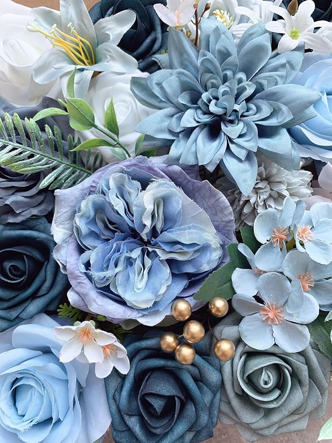 FACINOC Roses Artificial Flowers Blue Bouquet Fake Flower Bulk - Image 7