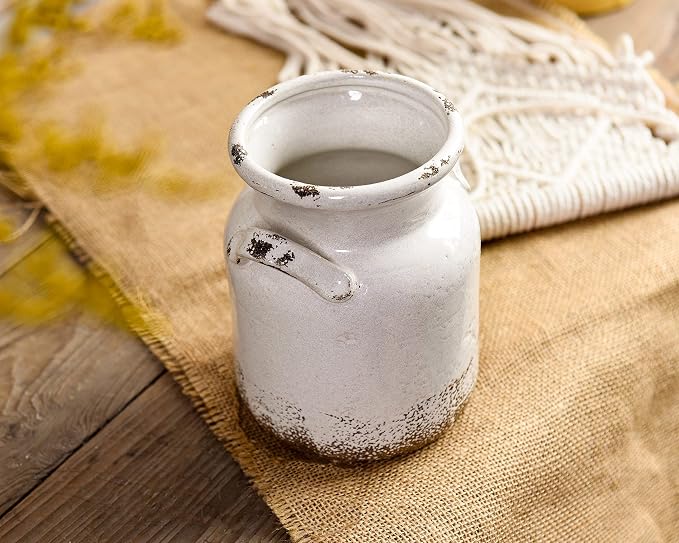 Quoowiit Ceramic Rustic Farmhouse Vase, Distressed Decorative Flower Vase - Image 4