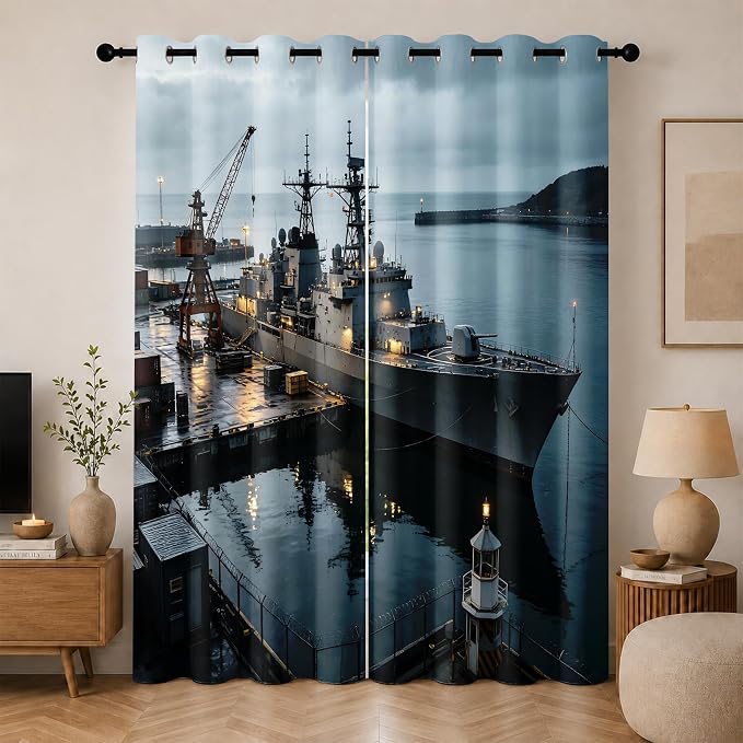 Navy Warship Blackout Curtains for Living Room 96 inches Long | Seaport Dock by Unknown