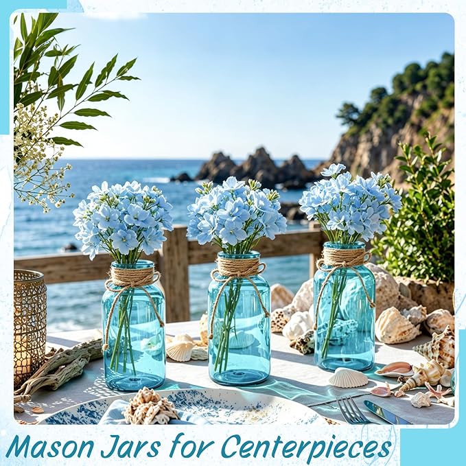 6 Pack Mason Jar Vases for Centerpieces, Aqua Blue Glass Flower Vase | Vintage - Image 5