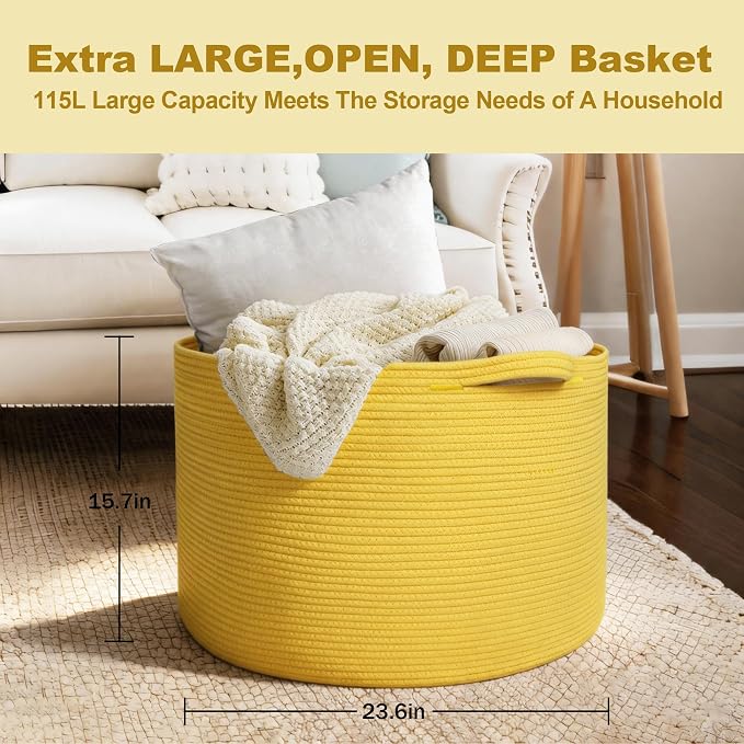 Extra Large 115L Yellow Basket, 23.6" x15.7 Cotton Rope Yellow Decor - Image 3