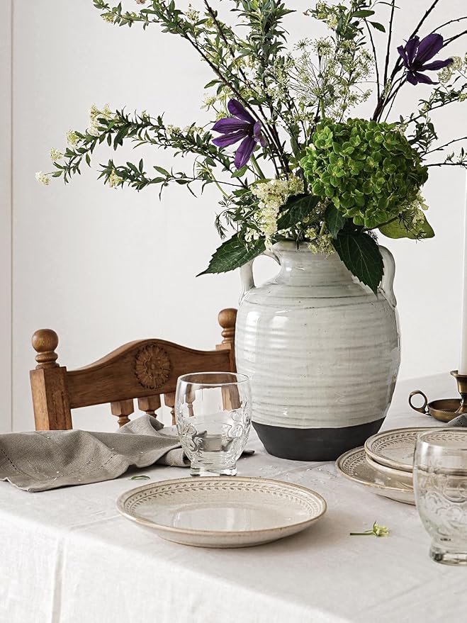 White Ceramic Vase with 2 Handles, 9.5 Inch, Farmhouse Rustic, Aurora White | - Image 2