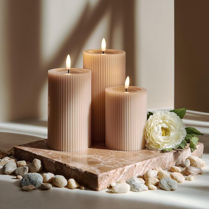 Fluted Ribbed LED Pillar Candles, Blush Beige, - Image 7