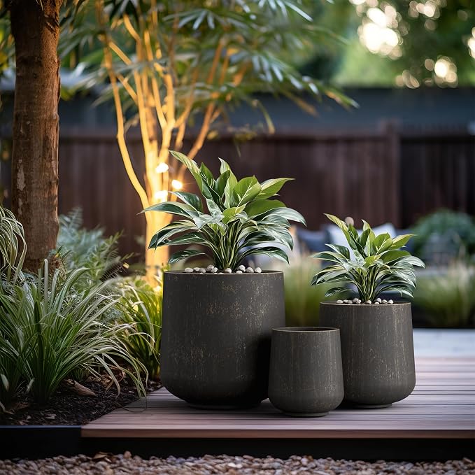 Kante Set of 3 Vintage BRN Concrete Curved Planters 16.5" 13" 9.4" Dia | - Image 6