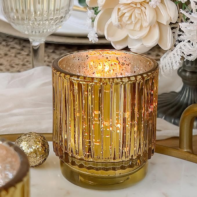 Kate Aspen Gold Votive Candle Holders-Vintage Ribbed Glass Candle Holder Set of - Image 2